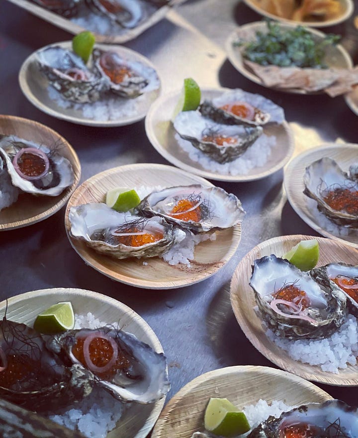 From left: Cornish hake with mussels, fresh oysters on the half shell with salmon roe and jalapeños