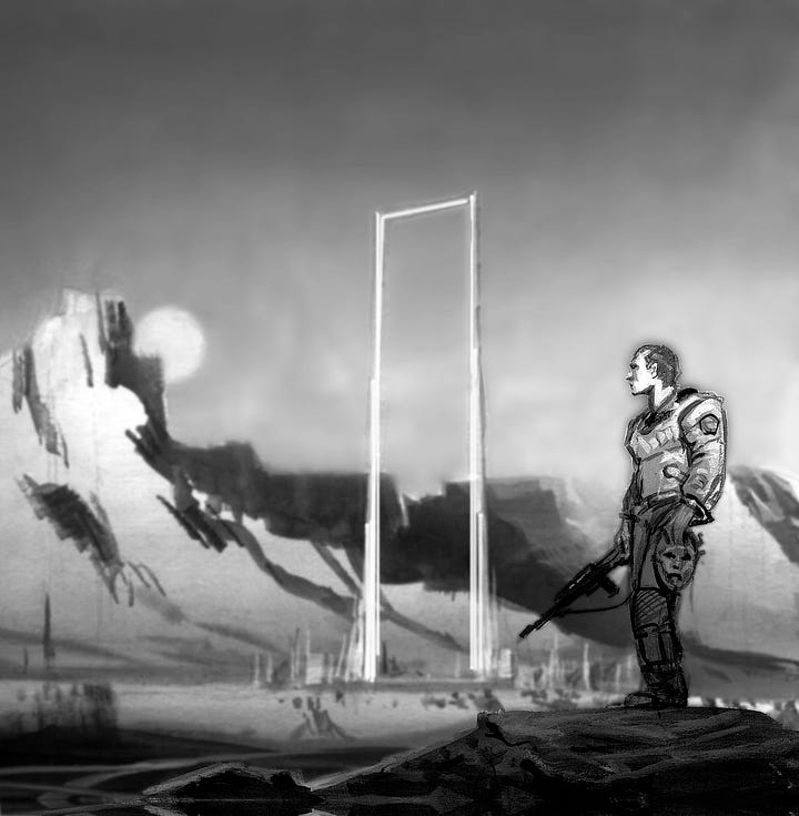 LEFT: Preliminary concepts for THE MARTIAN CHRONICLES featuring a man in spacesuit holding a rifle in one hand and an alien mask in another. A tall rectangular arch rises in the background followed by a range of mountains that partially obscure the sun. RIGHT: ARRIVAL (1989), Acrylics on Watercolor Board. Preliminary concept for THE MARTIAN CHRONICLES featuring a solitary figure wearing an ornate mask holding a scepter as they sit cross-legged in the foreground right. The hint of a contrail descends above.