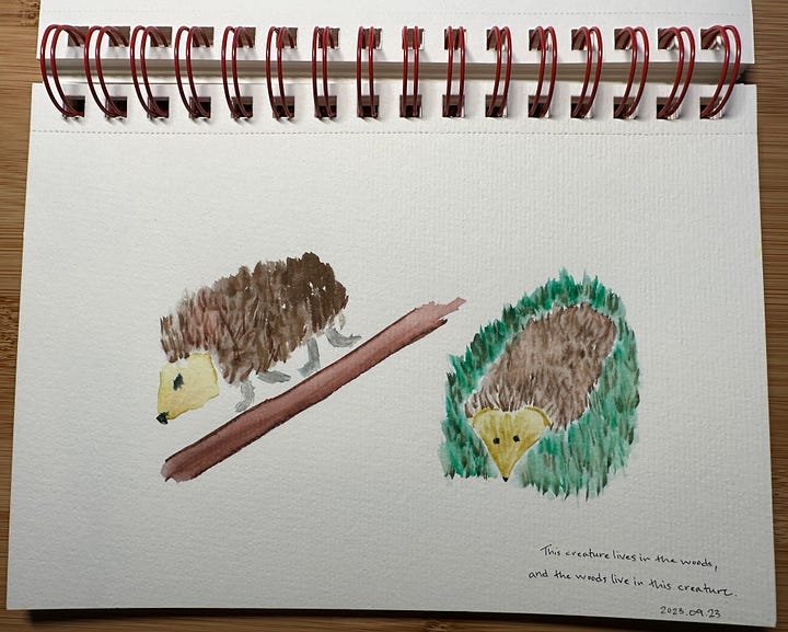 Terrible, not good watercolors of hedgehogs and a fox in the woods.