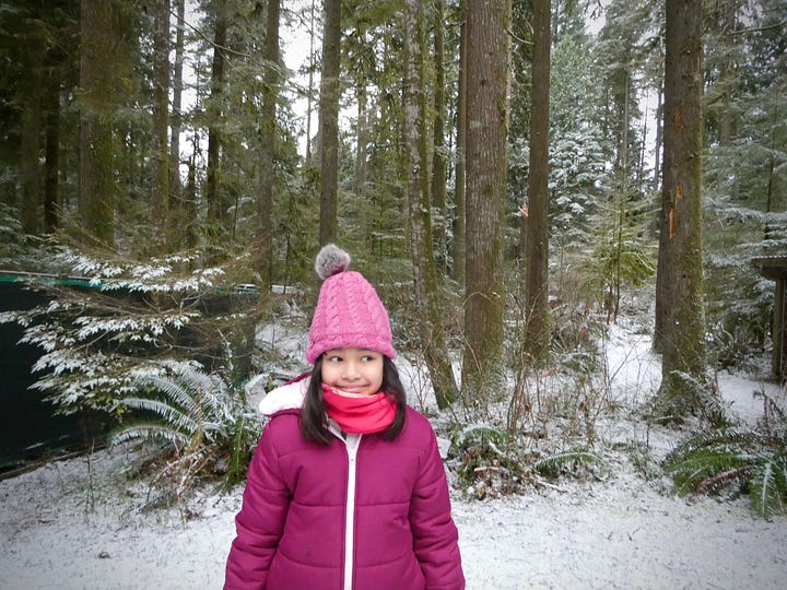 Left: girl standing in snowy forest of North Vancouver; Right: the cabin at Camp Campilano, with a dusting of snow.