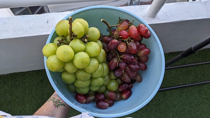 a tablecloth full of root vegetables and bowl of green and purple grapes