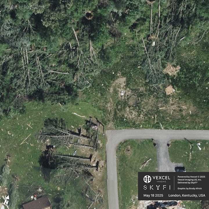 Damage from a tornado and storms in London, Kentucky, USA | Powered by Vexcel © 2025 Vexcel Imaging US, Inc. | Delivered by SkyFi® | Graphic by Brady Africk