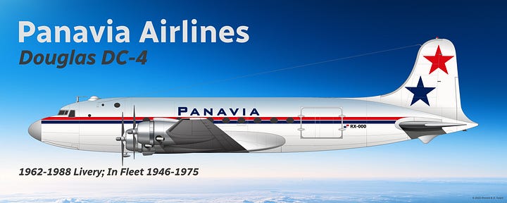 Panavia Douglas DC-4 in (L) 1946-1962 livery and (R) 1962-1975 livery, both shown in side view. 