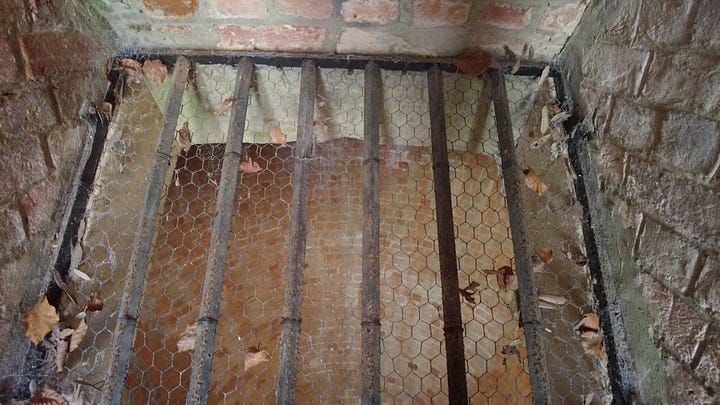 Four photos. The game larders and ice house at Sherborne Castle and Gardens. The sign tells us more about the ice house. There are gratings over the steep drop into the bottom of the ice house where the ice was stored. Images: Roland's Travels