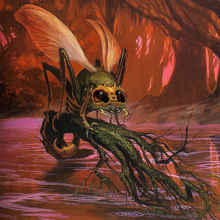 LEFT: Background detail of enormous insect perching on an upturned tree over vermillion swamp water. It has pincered mandibles, barbed tail, and translucent wings. The artist’s sigil, the stylized letters M and W contained within a circle, floats among ripples in the water. RIGHT: Foreground detail of green, six-legged lizard emerging from the water in front of a boat guided by a grossly disfigured, hulking Barsoomian man and a surprised Barsoomian maiden. The creature stretches open its jaws to reveal jagged fangs.