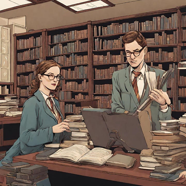AI generated images of librarians -- mostly bespectacled white women