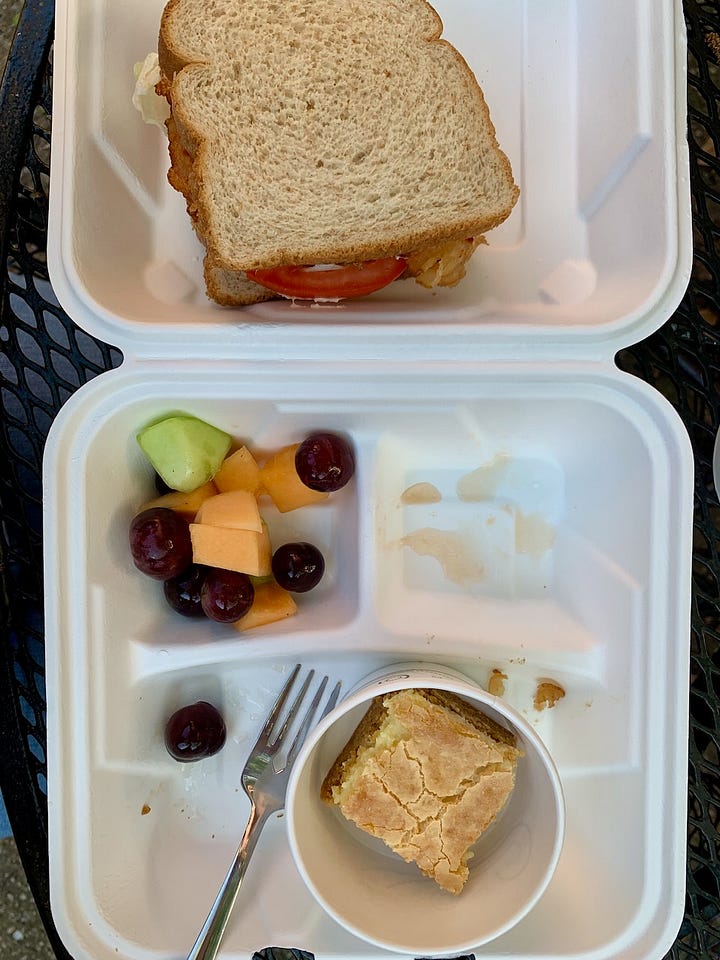 various meals, including pimento cheese with soup, baby carrots, ranch strawberry shortcake; sandwiches, fruit, and a pot pie in a bowl