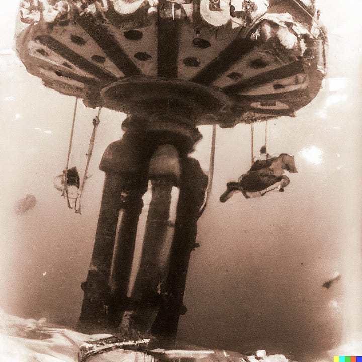 AI generated photos of an underwater shipwrecked carousel and a colorful hatbox crawling with large pretty insects
