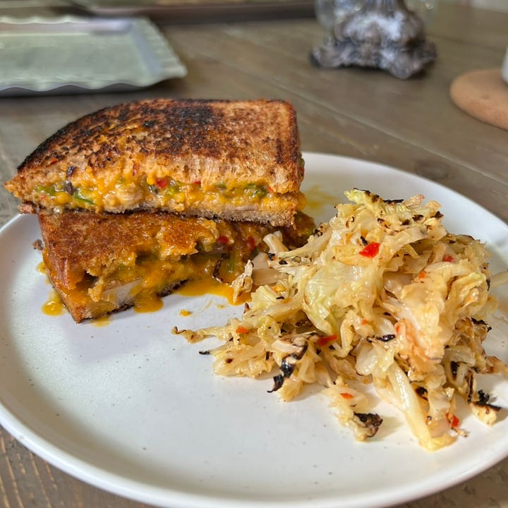 charred cabbage salad and grilled pimento cheese