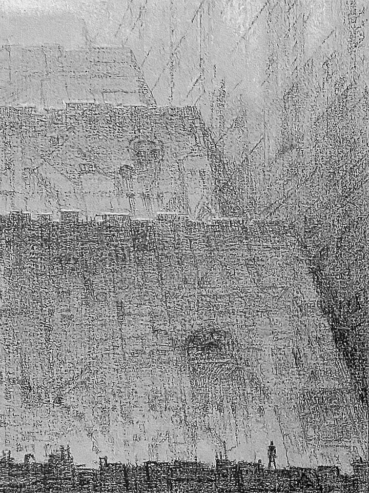 LEFT: Alternative approach to SUBTERRANEANS. Black and white charcoal on charcoal paper, 6" x 4". A straight-on view of the stepped wall with a solitary figure standing lower right. RIGHT: Sketch for SUBTERRANEANS. Graphite pencil on notebook paper, 2¼" x 2". Sketch of massive stepped wall working out the perspective