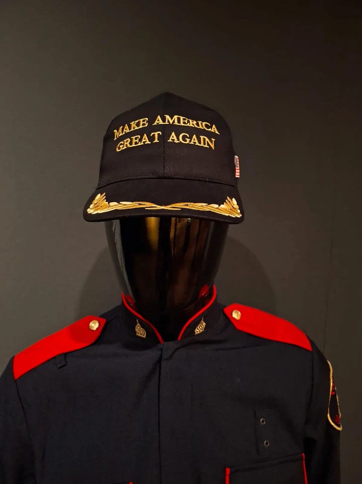 Images from the trump museum. 1st contains army uniform, the 2nd a slot machine with Trump nameplate