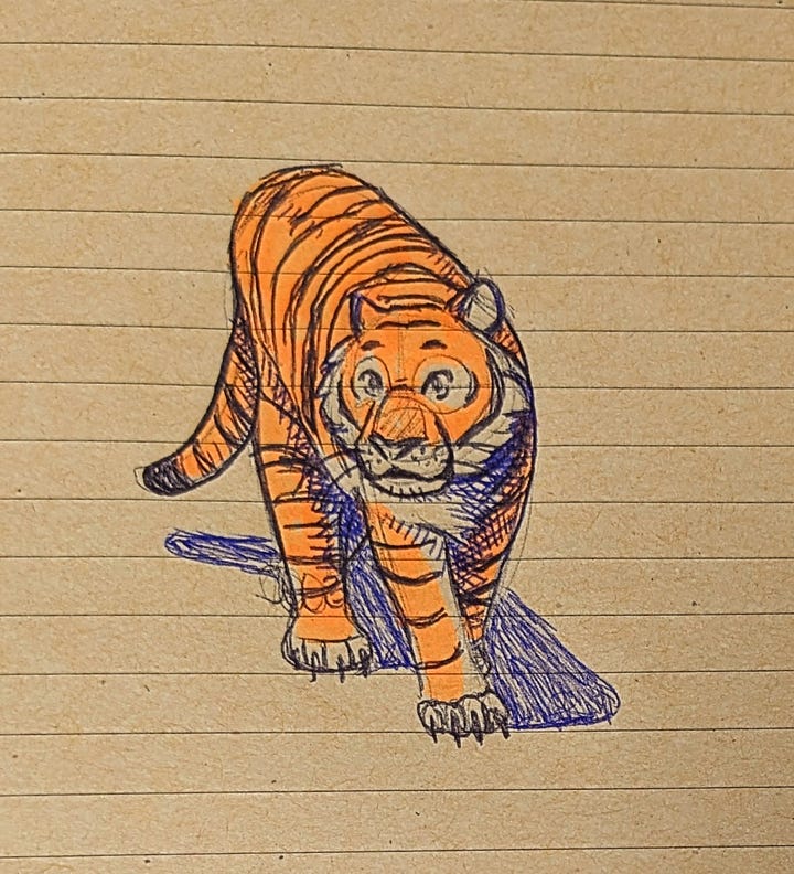 Winged persons: Blue ballpoint pen; tiger: highlighter and ballpoint pen