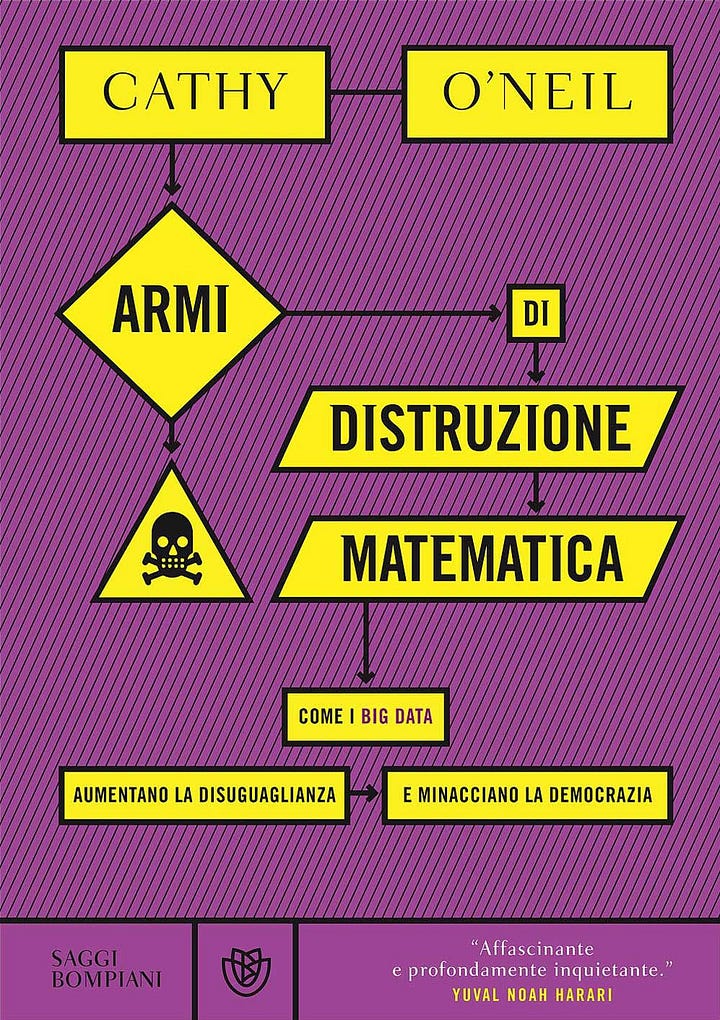 Copertine dei libri del prossimo incontro: "Armi di distruzione matematica", di Cathy O'Neil, e "Né intelligente né artificiale", di Kate Crawford