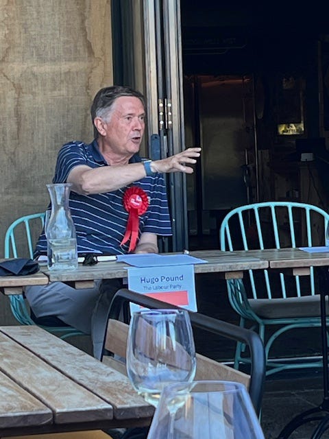 Four images of a political hustings in a pub garden showing candidates taking part in a debate about hospitality.