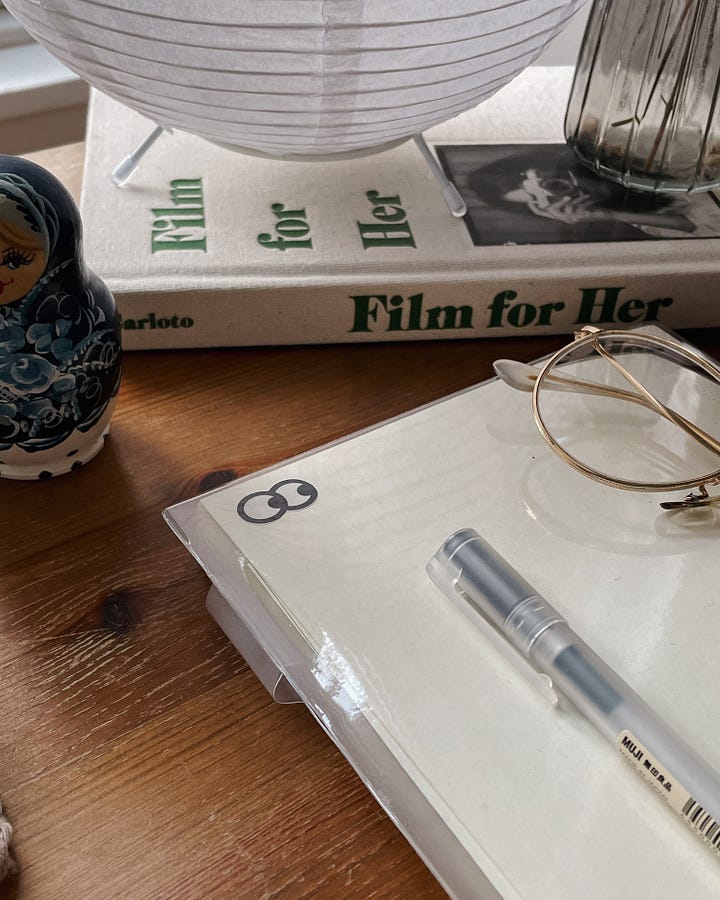 Image 1: Close-up of my coffee sitting on my desk. / Image 2: Close-up of my notebook and glasses resting on the wooden surface.