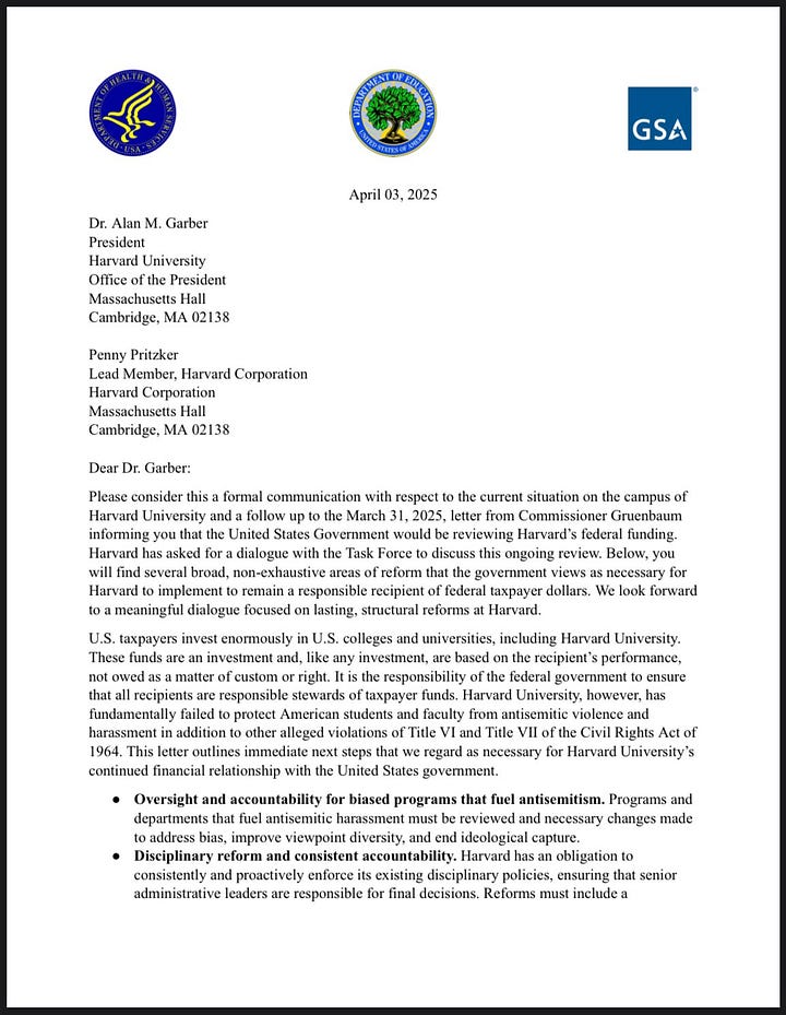 Federal Government Letter to Harvard