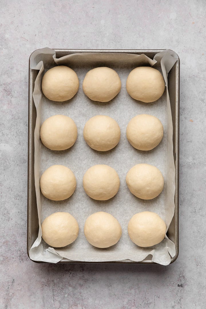 Gallery of stages of making vegan maple-glazed brioche buns seen from above