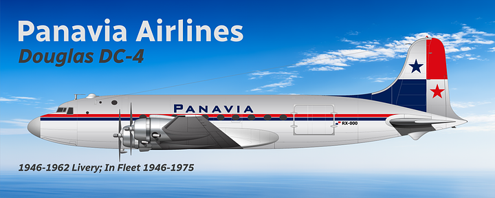 Panavia Douglas DC-4 in 1946-1962 livery (L) and 1962-1975 livery (r), both shown in side view. 