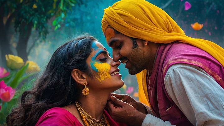 These images evoke the deep connections and communal joy of Holi, the festival of colors. In the first, a couple shares a tender, color-streaked moment, their closeness framed by whispers of tradition and love. The second picture captures a group of women, their laughter and camaraderie shining as bright as the vivid powders they delight in. Each image, rich with the festival's hues, celebrates not just a cultural event, but the very essence of human togetherness and the shared happiness that colors every aspect of life during this festive time.
