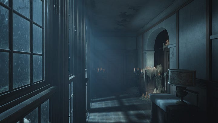 A screenshot of Layers of Fear (2023) showing a hallway in darkness; A screenshot of Layers of Fear (2023) showing a hallway in light; A screenshot of Layers of Fear 2 (2023) showing a hallway of the ship in darkness; A screenshot of Layers of Fear (2023) showing a highly deformed hallway in darkness, lit by warped lanterns;