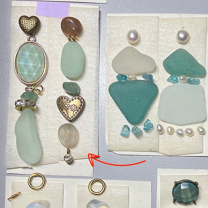 Green Mirror-Totem-Style Asymmetric Earrings with Vintage Elements-by Anita Chaperon