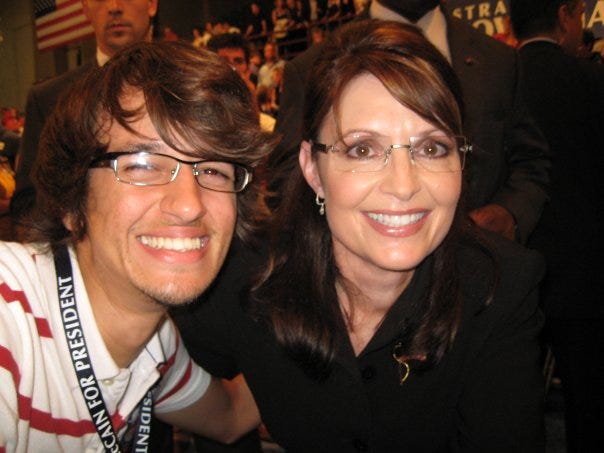 Images: Two photos side by side. One shows a younger Edgard with Sarah Palin, the other with John McCain.