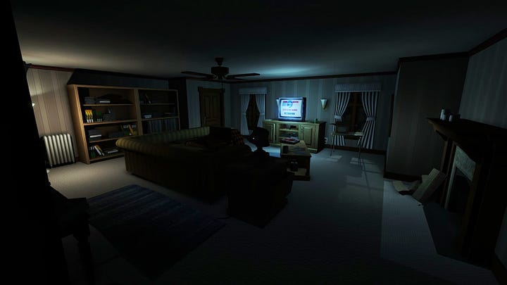 A screenshot from Gone Home showing a living room in shadows (2013); A screenshot from Gone Home (2013) showing a hallway and a staircase;