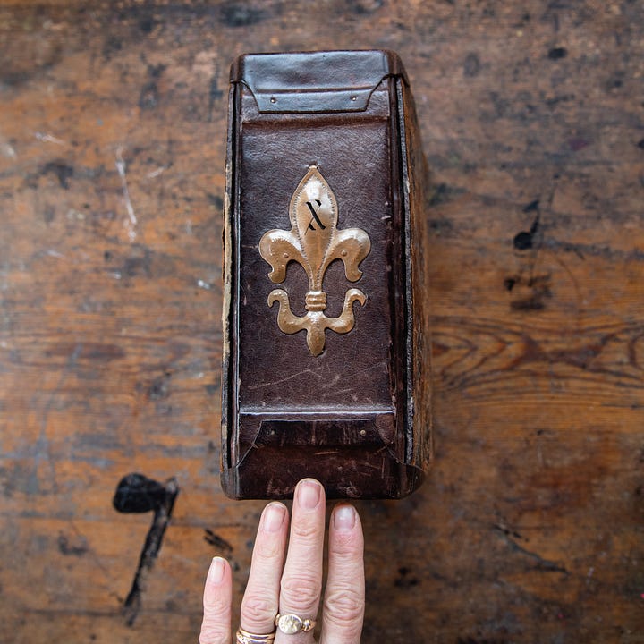 Old Handbound Journal Tome covered in antique fleur de lis leather from Amsterdam