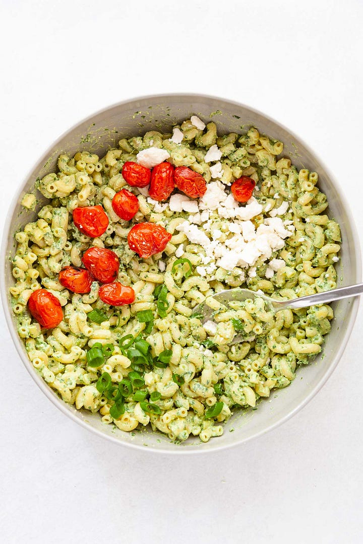 Steps for making Greek yogurt pasta salad. 