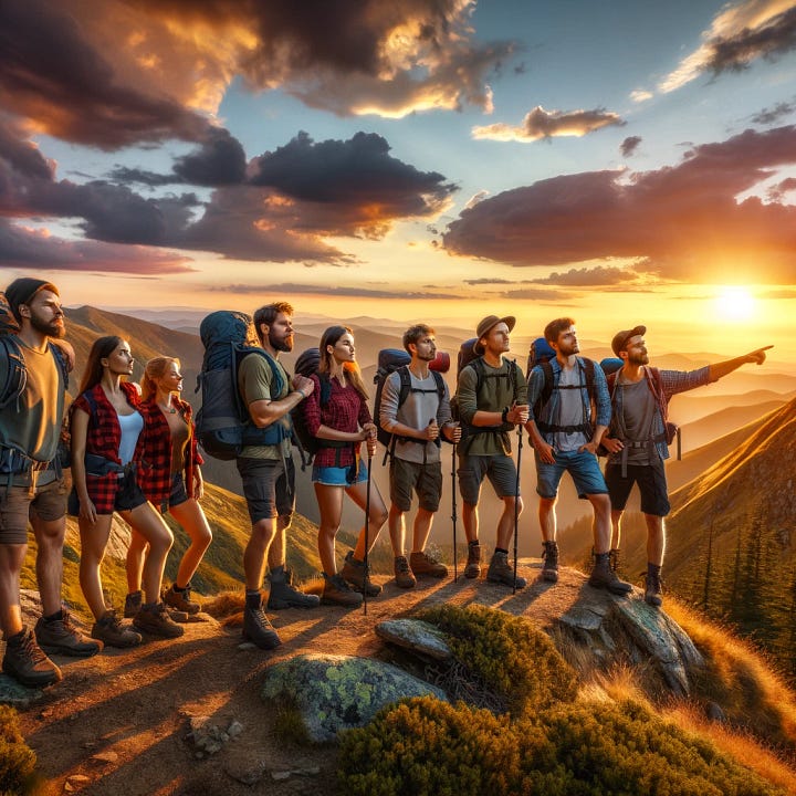 climbing team on a mountain with the sunset in the background