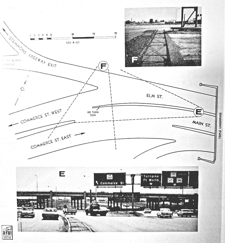 Clockwise: Aerial View of Dealey Plaza, c. 1963;  "Freeway Convergence at Triple Underpass Dallas, Texas" - Commission Exhibit No. 2113; "Plan View of Freeway Convergence West of Triple Underpass Dallas, Texas" - Commission Exhibit No. 2115; "Aerial View (500 Ft. Altitude) of Freeway Convergence at Triple Underpass Dallas, Texas" - Commission Exhibit No. 2116