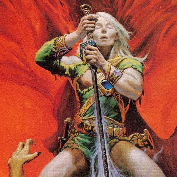 LEFT: Close detail from WHITE WOLF featuring Elric with eyes pressed closed in ecstasy as tendrils of lavender energy climb the rune blade. One hand is on the sword grip, the other on the blade itself with the ornate cross guard descending around his fingers. His tunic is ripped to expose his shoulder and bicep. Another tear exposes his right pectoral. RIGHT: Close detail from WHITE WOLF featuring the orchish foe vanquished by Elric. Its maw is open to expose pointed teeth as it turns its face to the side. The body appears only shoulders up as if the rest has already been absorbed. Its arm rests on a bronze shield decorated with an inhuman skull. A pair of tusks descend from the maxilla. Below, the artists stylized MW symbol sits on the lower point of the shield. Lavender tendrils taper up from the ground where the black sword is embedded point down. The energy drawn takes a shape reminiscent to a river delta with many streams converging into one.