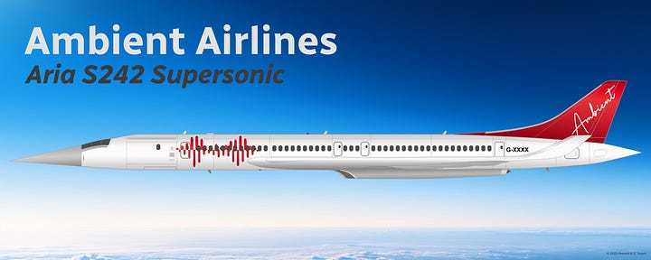 Ambient Airlines Aria S242 Supersonic quadjet aircraft in Audiowave II livery, shown in side view while in midflight (L) and while parked on a tarmac (R).