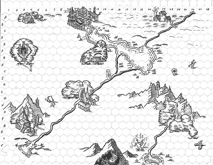 On the left, a black-and-white map of a fantasy realm, dotted with mountains and forests and a lake in the middle. There are ruins in the West, and an ominous cave to the south. On the right, a weathered map of a small camp.