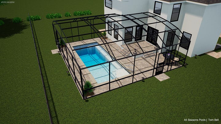 A 3d rending of a long rectangular pool and brick patio surrounded by domed black pool cage. Also, schematics of aerial layout of house addition, with text "existing house to remain" on the center structure, and the pool noted on the right.