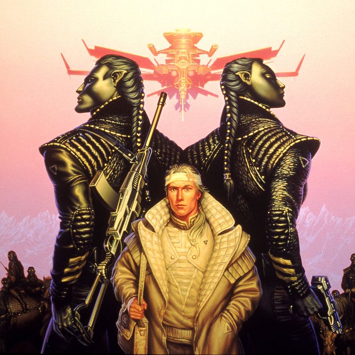 LEFT: Detail from FOREIGNER featuring a human male dressed in white towered over by two aliens with pure black skin. Both aliens, male and female, wear leather uniforms. The male on the left has an assault rifle strapped over his back. The female holds a laser pistol low at her side.  RIGHT: Figure detail from FOREIGNER featuring the human male dressed in white. He wears a headband with blonde hair spilling over it. The collar of his leather overcoat is flared wide. A pale ponytail winds down the color to the structured shirt beneath and barely reaches his chest. He casually grasps the strap of his shoulder bag. The flap is marked with the artists symbol, the stylized letters M and W bound by a circle.