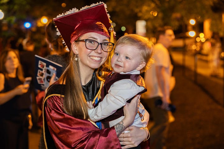 Left: Germanna graduate Rebecca Rudder with son. Photo by Bryant Cox. Right: graduates celebrate on Tuesday, May 7. Photo by Suzanne Rossi. 