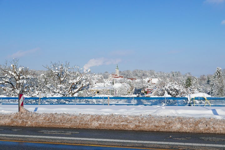 Snowy photos of the German town of Freising, with trees covered in snow and people sledging