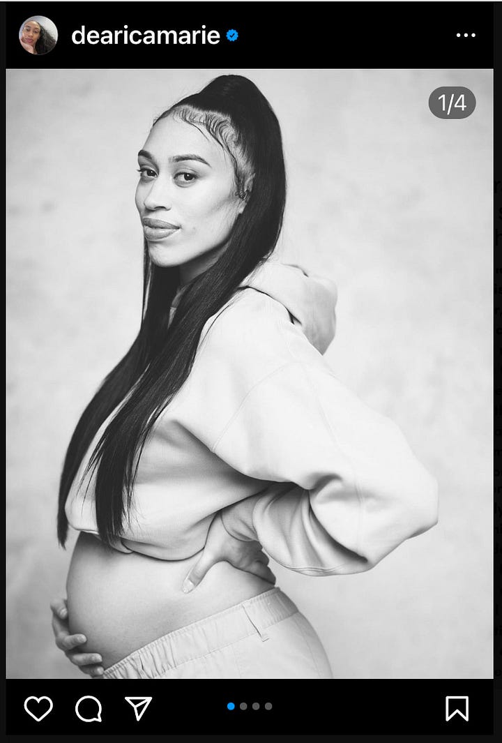 Two photos. One is a black-and-white photo of Hamby in a hoody, with her pregnant belly exposed. The other is text of allegations against Vegas, reading: With that being said .. I am heartbroken.  Being traded is a part of the business. Being lied to, bullied, manipulated, and discriminated against is not. I have had my character and my work ethic attacked. I was promised things to entice me to sign my contract extension that were not followed through on. I was accused of signing my extension knowingly pregnant. This is false. I was told that I was “a question mark” and that it was said I would “get pregnant again” and there was a concern for my level of commitment to the team. I was told that “I didn’t hold up my end of the bargain” (Because “no one expected me to get pregnant in the next two years”). Did the team expect me to promise not to get pregnant in exchange for the contract extension? I was asked if I planned my pregnancy. When I responded “no,” I was then told that I “was not taking precautions to not get pregnant.” I was being traded because “I wouldn’t be ready and we need bodies”. I planned to play this season, and I have expressed my desire to play this season. I have pushed myself throughout my entire pregnancy and have continued to work out (basketball included) on my own and with team staff – even on days where it was uncomfortable to walk, only to be inaccurately told that “I was not taking my workouts seriously.” And “yeah we just don’t see that” (with my return). I remained transparent with everyone in the organization, and yet, my honesty was met with coldness, disrespect, and disregard from members of management. I have only put this organization first since day one before any of them were here. “You’re getting moved regardless and it’s best for your career that you move on from the Aces”. The unprofessional and unethical way that I have been treated has been traumatizing. To be treated this way by an organization, BY WOMEN who are mothers, who have claimed to “be in these shoes,” who preach family, chemistry, and women’s empowerment is disappointing and leaves me sick to my stomach. We fought for provisions that would finally support and protect player parents. This cannot now be used against me.