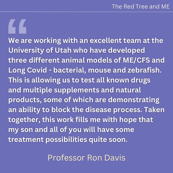 I think of you all every day as I work to untangle the complex molecular basis of this horrific disease. We have made a lot of progress lately, and many scientists around the world are taking the data and making much more informed hypotheses about the causes and potential paths to treatments.  I am very optimistic that soon the major mechanisms that initiate the disease will be found. This will allow a concerted effort to reverse the process and find a cure.   Right now we have multiple projects making progress. Projects on the itaconate shunt, Manganese, BH4, neutrophils, red blood cell deformability, genetics, pathogen hunting, and oxidative damage. We constantly communicate and collaborate with the best researchers around the world. We are working with an excellent team at the University of Utah who have developed three different animal models of ME/CFS and Long Covid - bacterial, mouse and zebrafish. This is allowing us to test all known drugs and multiple supplements and natural products, some of which are demonstrating an ability to block the disease process. Taken together, this work fills me with hope that my son and all of you will have some treatment possibilities quite soon. Please hang in there. We are with you every day and I send you all my love and solidarity.