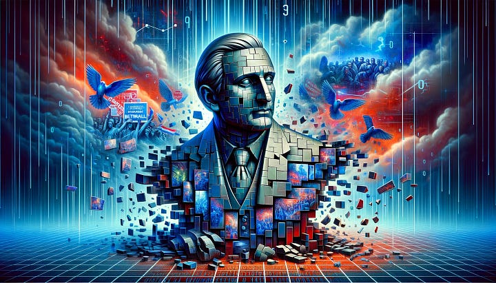 Various mixed medium, multi-style images representing capitalist manipulation, imagery such as gears, chess boards, ominous figures, cityscapes, and marionette puppet strings are featured.