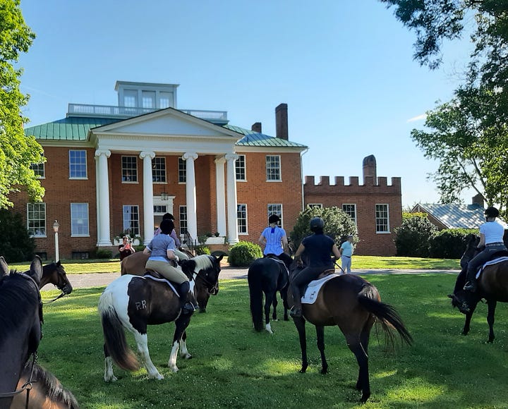 A long drive with fence on each side and a brick house with white pillars in the distance. Second photo is the front of a brick house with white pillars and horses and riders standing in the yard.
