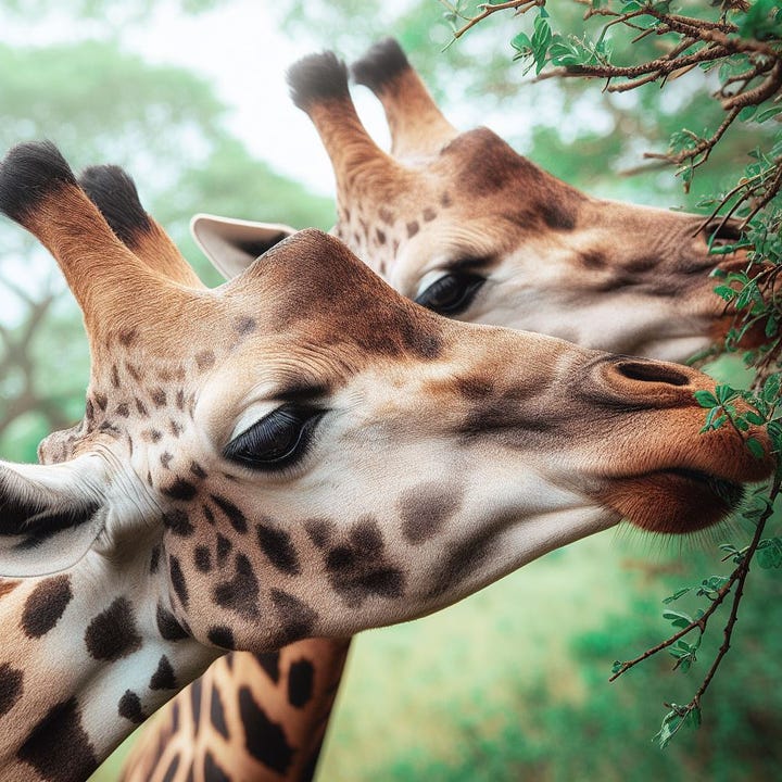 Giraffes eating leaves, wildlife photo by Midjourney vs DALL-E 3