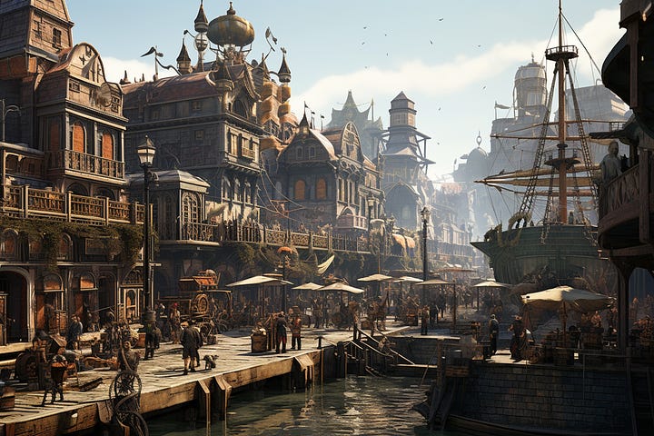 Steampunk Victorian docks by SDXL and Midjourney