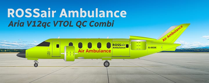 Aria V12 VTOL Combi in livery of ROSSair Ambulance, shown in side view in midflight (L) and while parked on a tarmac (R).