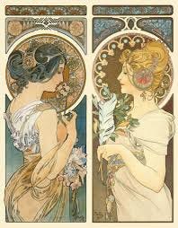From Top Left - Alphose Mucha poster, Victor Horta Hotel Tassel, Charles Rennie Mackintosh Rose design and Gustave Klimt's portrait of Adele Bloch-Bauer