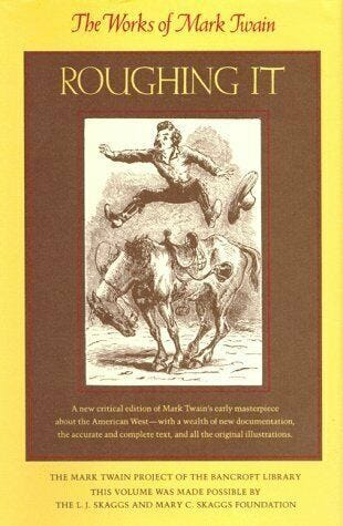 Cover art from two books by Mark Twain: Fancy lettering of Innocents Abroad, or the New Pilgrim's Progress, and Roughing It