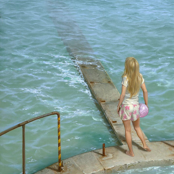 LEFT: Detail from SEAWALL featuring a girl with long blonde hair staring down a causeway that descends into rippling ocean. She holds a rubber ball at her hip. The rubber surface shines with highlights on marbleized pink cast by light from behind. RIGHT: Detail from CAUSEWAY featuring a nude female with deep bronze skin standing at the edge of a causeway that gradually slopes into gray green water. With a white blindfold knotted over straight black hair, she can't see the path ahead but she can surely feel foggy atmosphere on her bare skin and the water on her foot as she takes a tentative step forward into the unknown. With each step, the rough stone path is textured with fossil record (trilobites, ammonites, plants, fish, etc). A glass triangular pyramid rests on the stone in the immediate foreground. Pylons set with red bicycle reflectors jut out of the water beside the causeway. The material of the posts changes from rough wood to carved stone to formed metal as the causeway descends symbolizing the progression of technology running alongside evolution in the fossil record.