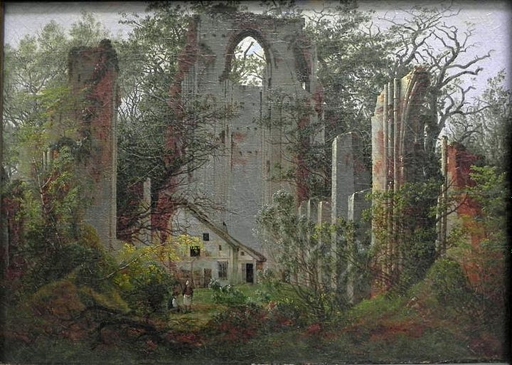 Two paintings: Tall ruins of a monastery and a house near an overgrown cathedral.