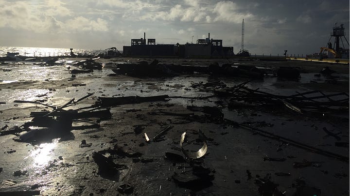 Rocket crashing into a barge and the a picture of the burned remains